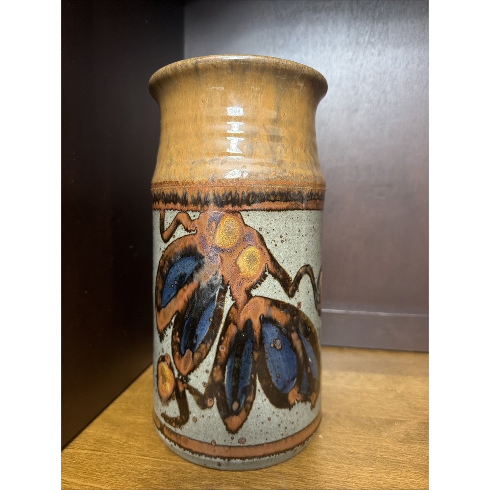 Studio Art Pottery Glazed Utensil Holder/Vase Hand Thrown Artist Signed 9.25"